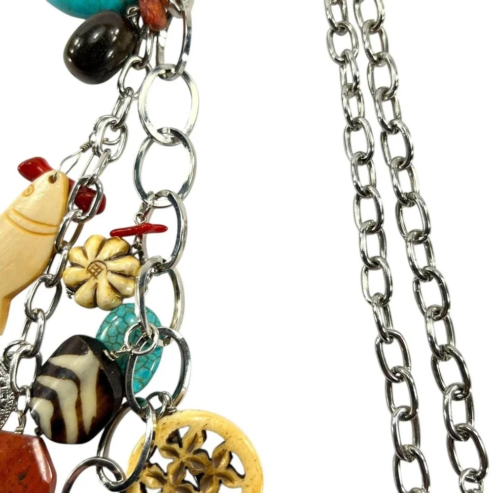 Long Charm Necklace Silver Tone 10 Assorted Charms Fish Heart Feather Graziano